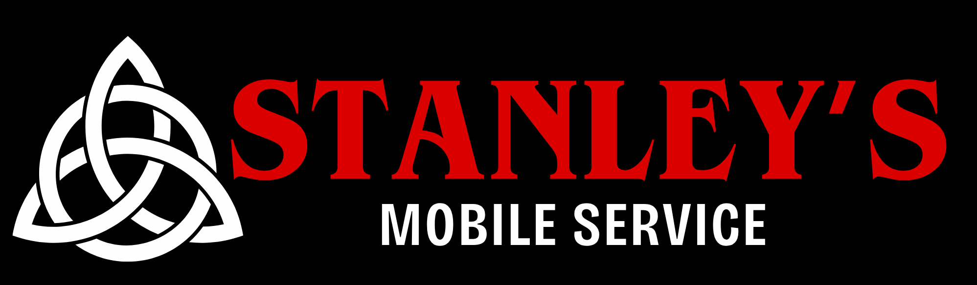 Stanley's Mobile Service Logo black background with red and white lettering and a large celtic trinity knot indicating the business owner's faith. Business is in truck repair and maintenance.